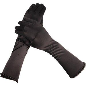 Women's Pincess Black Evening Pearl Satin Long Gloves Halloween Party Costume